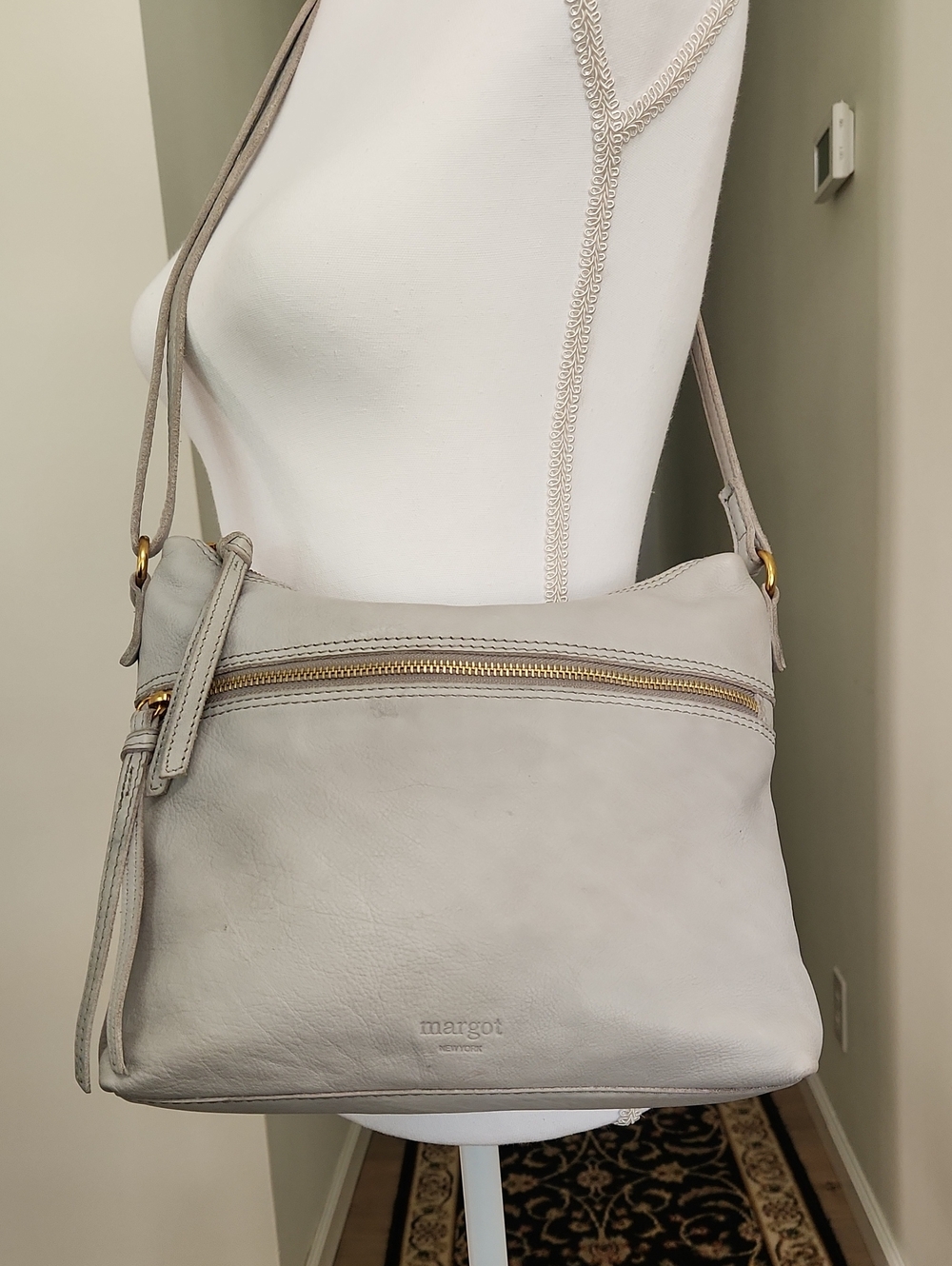 Margot New York Gray Leather Mary Scoop Crossbody Bag Purse